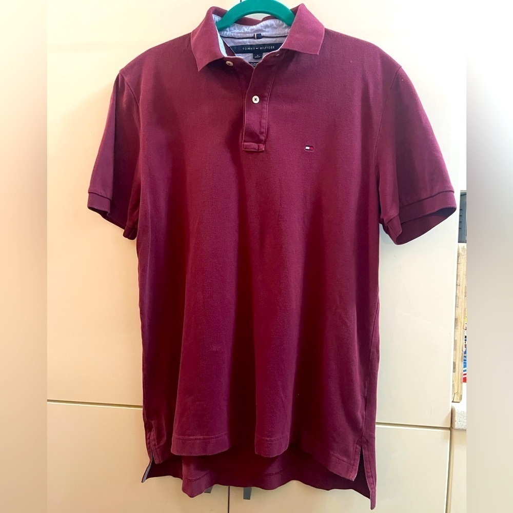Tommy Hilfiger Polo Shirt Mens M Burgundy Custom Fit Casual Short Sleeve